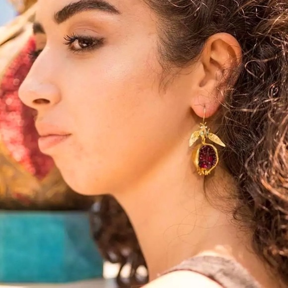 - Jeweled Pomegranate 22k Gold unique Dangle Drop Earrings pomegranite vermeil - Picture 2 of 8